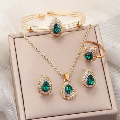 Conjunto de Joyería Mujer Serie Gota de Agua con Gemas - Collar, Aretes, Anillo y Pulsera