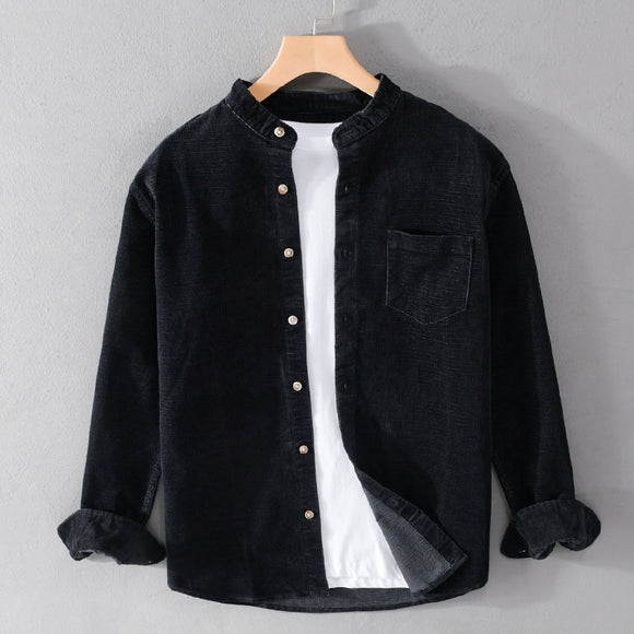 Camisa Retrô Masculina de Veludo Cotelê com Gola Mao e Manga Comprida