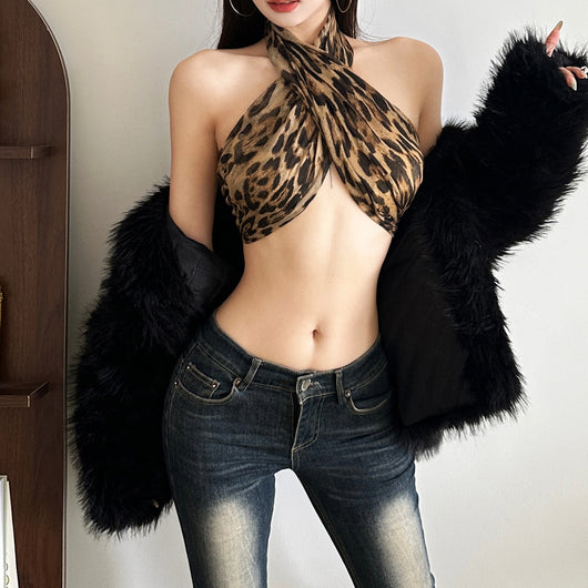 Top Halter Leopardo Retro Estilo Urbano con Escote Midriff - Image 2