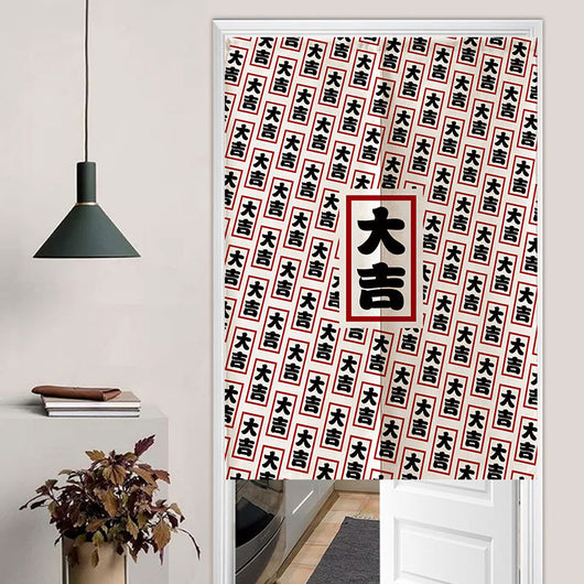 Japanese style partition curtain with blue and beige wave pattern and central panel with Chinese characters. - Image 8
