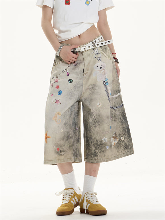 Jeans Anchos Sueltos Estampados Cropped para Mujer