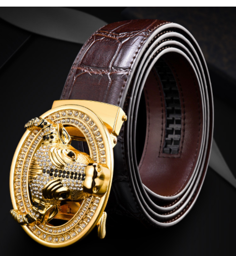 Cinturón de Cuero con Hebilla Automática y Patrón de Diamantes - Cabeza de Toro - Image 7