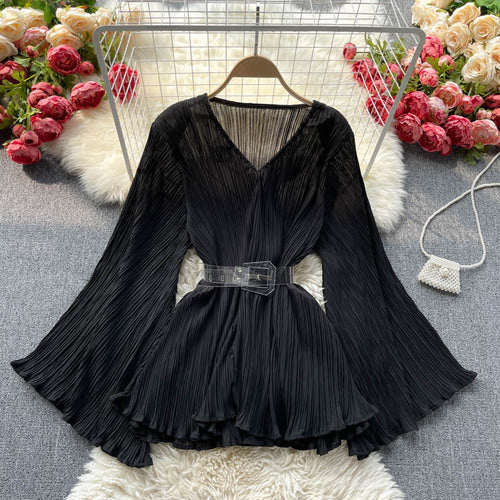 Blusa Suelta de Gasa con Escote en V y Pliegues