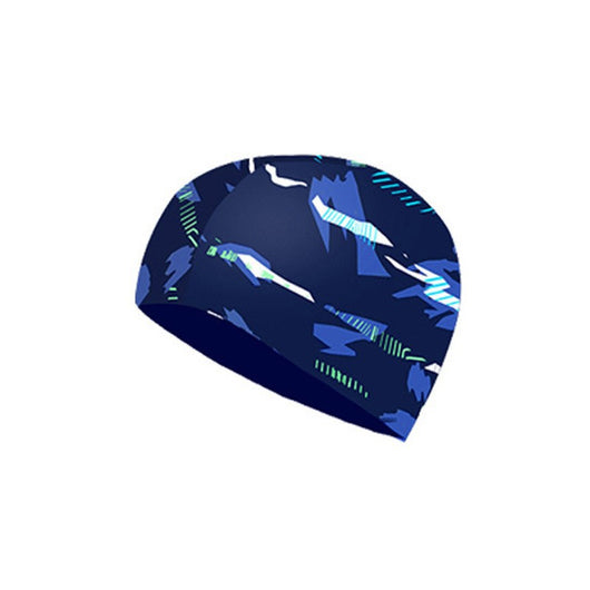 Black cloth swimming cap with a blue tribal-style graphic design on the side. - Image 9