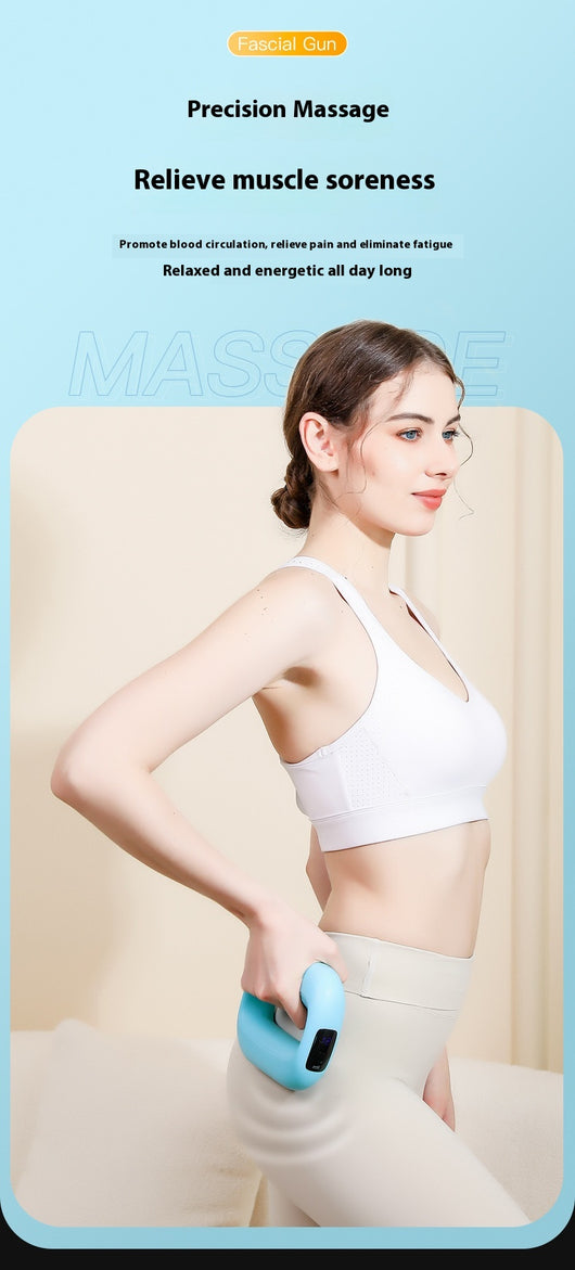 Pink mini fitness massage gun with an LED screen, shown with a power cable and a gray waist belt. - Image 13