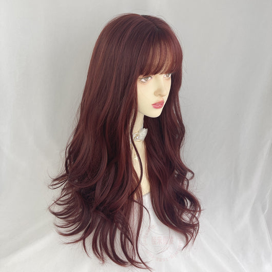 Peluca Larga Ondulada Estilo Coreano Flequillo Voluminoso Rojo Vino Cabello Rizado - Image 4