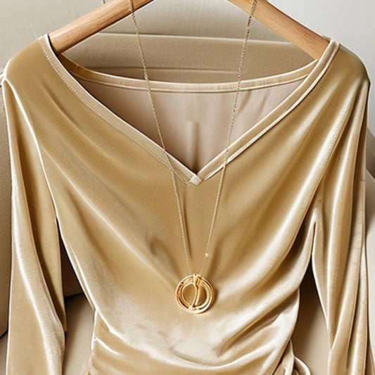 Blusa Champagne Escote V Manga Larga Plisada Terciopelo para Invierno