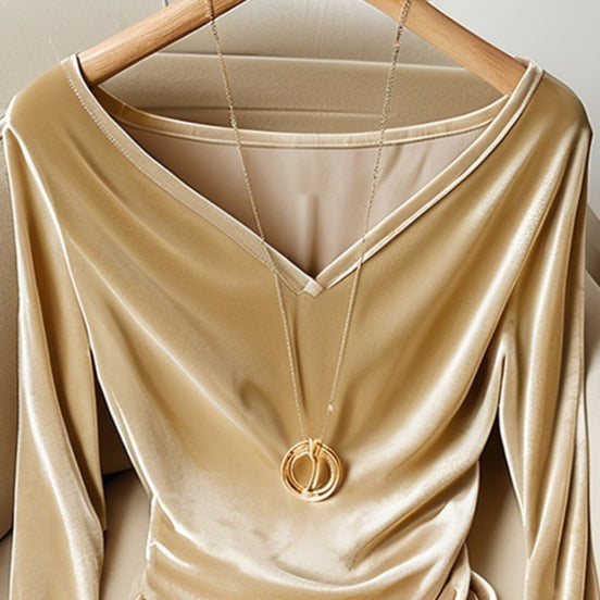 Blusa Champagne Escote V Manga Larga Plisada Terciopelo para Invierno
