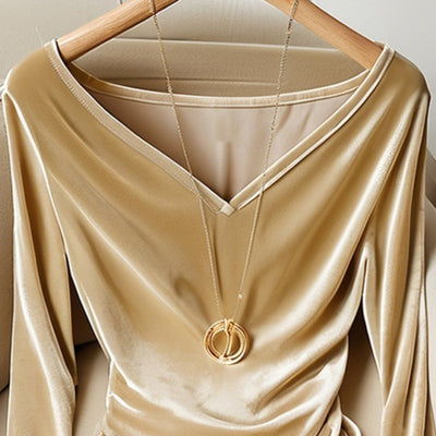 Blusa Champagne Escote V Manga Larga Plisada Terciopelo para Invierno