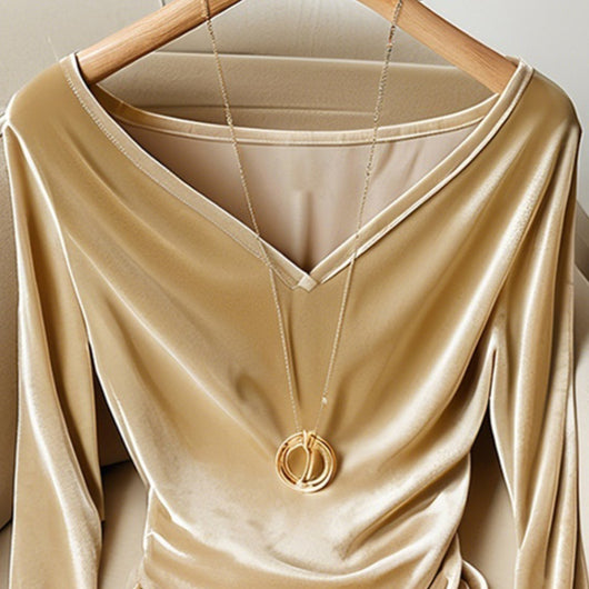 Blusa Champagne Escote V Manga Larga Plisada Terciopelo para Invierno