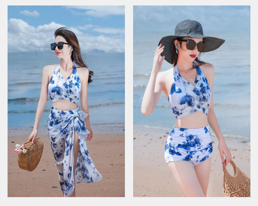 Women's light blue tropical leaf print three-piece swimsuit with short sleeve bikini top, bottoms, and sarong skirt. - Image 39