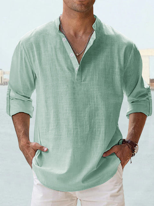 Camisa de Lino Hombre Cuello Mao Manga Larga Suelta - Image 9