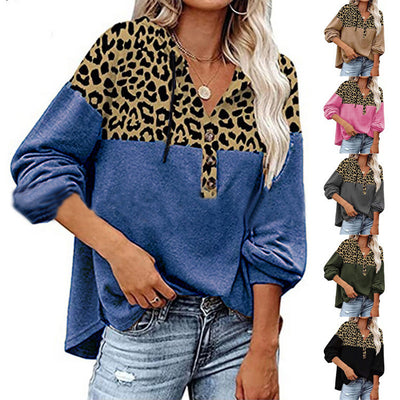 Sudadera Estampado Leopardo Suelta con Capucha Manga Larga para Mujer