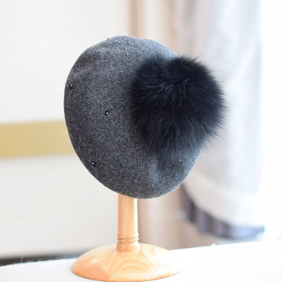 Gorro Vintage de Lana con Pompón de Pelaje de Zorro para Otoño e Invierno - Image 8