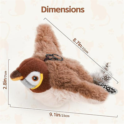 Plush brown and white bird cat toy with yellow accents, a feather tail, and a black clip on its back. - Image 5