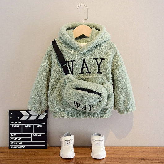 Beige fleece hoodie with 'WAY' text on front, paired with a matching fanny pack, for kids. - Image 7