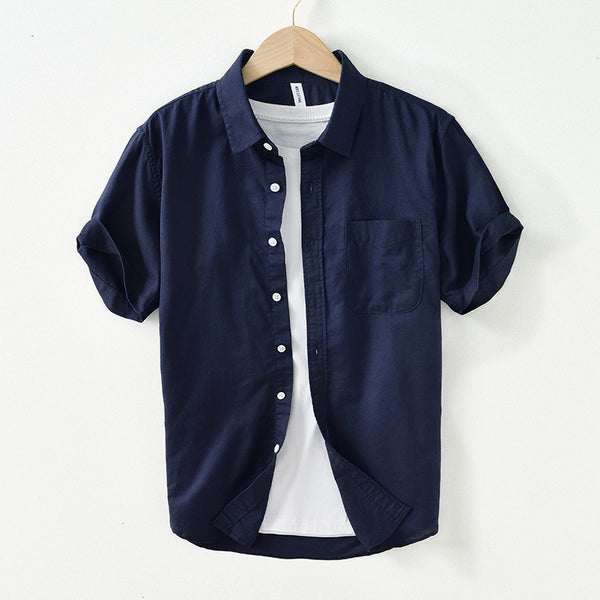 Camisa Casual de Algodón y Lino para Hombre con Cuello Cuadrado