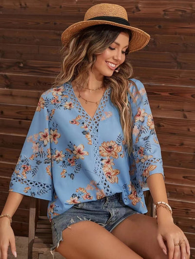 Blusa Elegante Suelta con Escote en V y Mangas Acampanadas de Encaje - Image 19