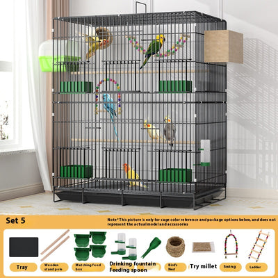 Black double-layer metal bird cage with multiple perches, green food/water dishes, and toys, housing several colorful birds. - Image 12