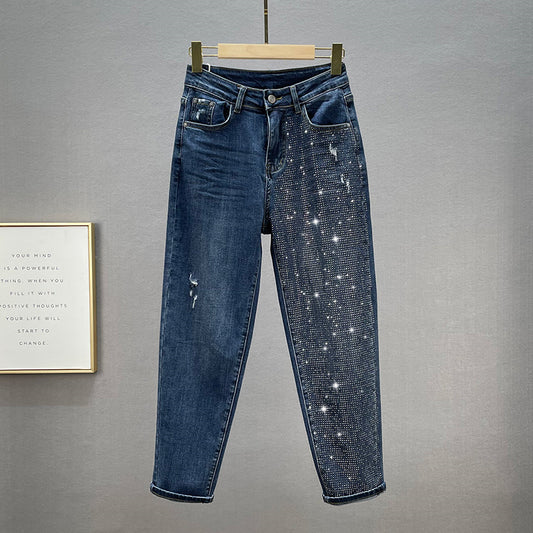 Pantalones Vaqueros Sueltos Mujer Cintura Alta Efecto Reductor con Strass