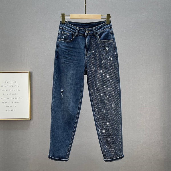 Pantalones Vaqueros Sueltos Mujer Cintura Alta Efecto Reductor con Strass