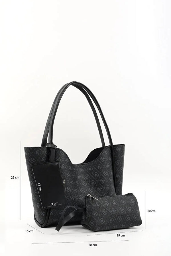 Bolso de Cuero Sintético Monogram Black SHK108 para Mujer con Billetera y Neceser