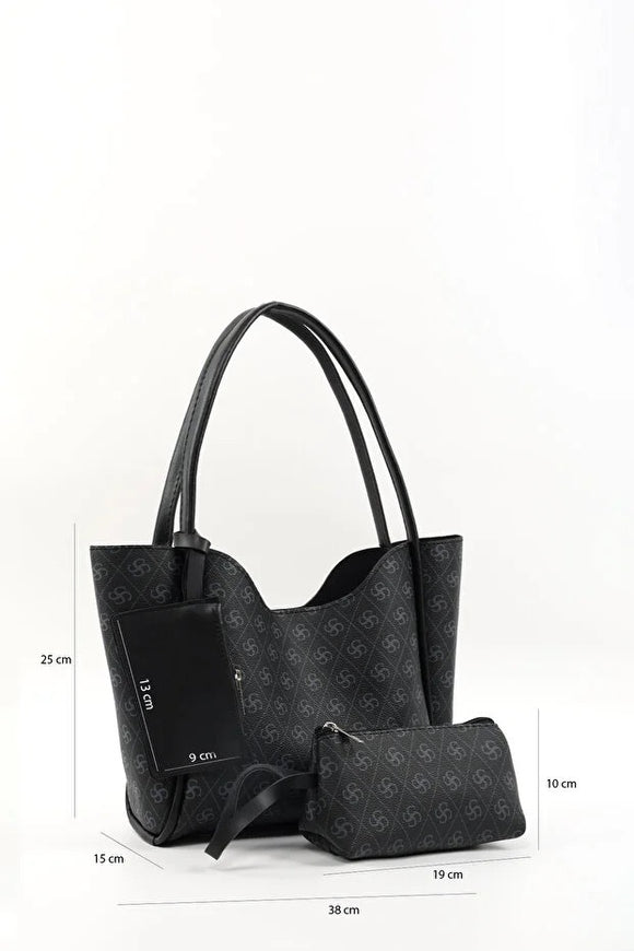 Bolso de Cuero Sintético Monogram Black SHK108 para Mujer con Billetera y Neceser
