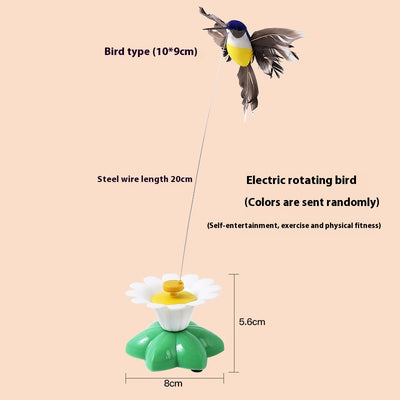 Automatic cat teaser toy with an electric rotating bird on a steel wire, attached to a green and white flower base. - Image 6