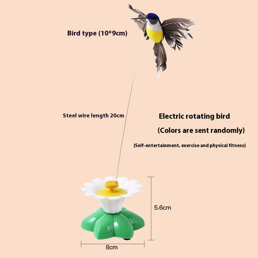Automatic cat teaser toy with an electric rotating bird on a steel wire, attached to a green and white flower base. - Image 6