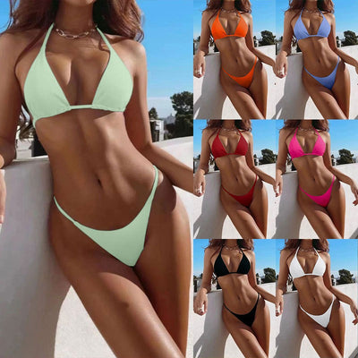 Women's lime green halter bikini with spaghetti straps and thong bottom, modeled outdoors against a blue sky. - Image 34