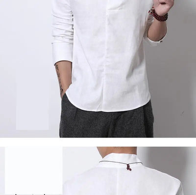 Camisa Lino Manga Larga Estilo Chino Retro para Hombre - Image 28