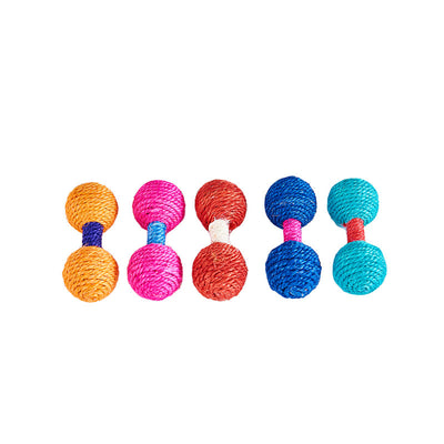Five colorful sisal dumbbell-shaped cat toys in blue, pink, teal, orange, and red on a light wood surface. - Image 4