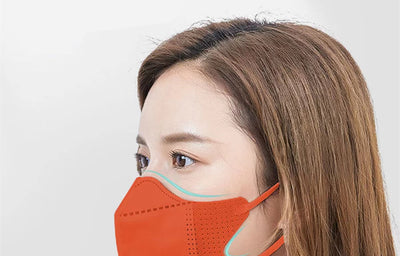 Peach disposable 3-layer face mask with perforated details worn by a person, offering comfortable daily protection. - Image 24