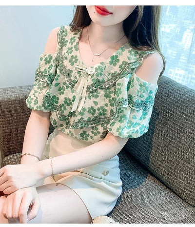 Blusa Chiffon Floral Hombro Descubierto - Camisa Romántica de Manga Corta - Image 12