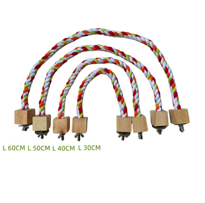 Colorful braided rope bird toy with wooden blocks and metal fasteners, forming a circular swing or climbing perch. - Image 11