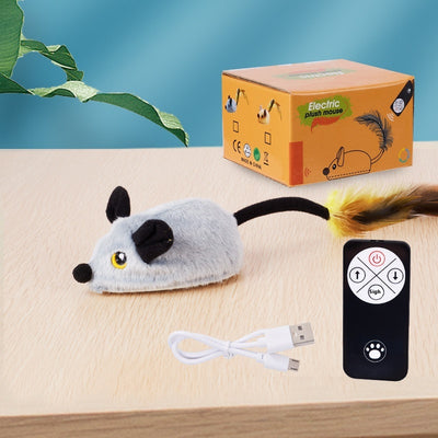 Yellow remote control electric plush mouse cat toy with a black remote and white USB charging cable. - Image 6