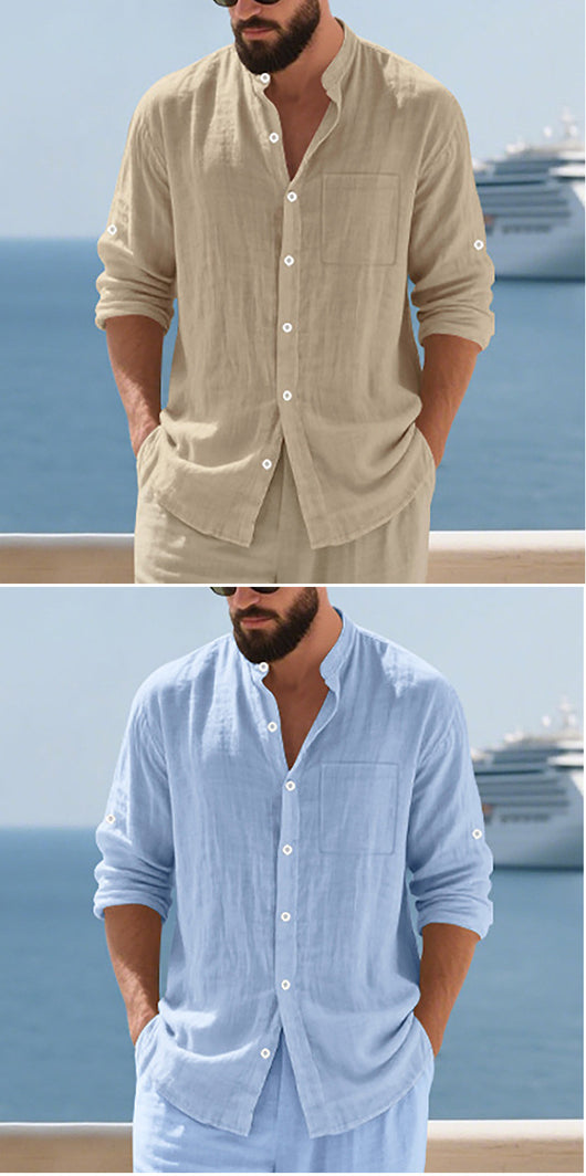 Camisa de Lino Transpirable para Hombre con Cuello Mao y Manga Larga - Image 16