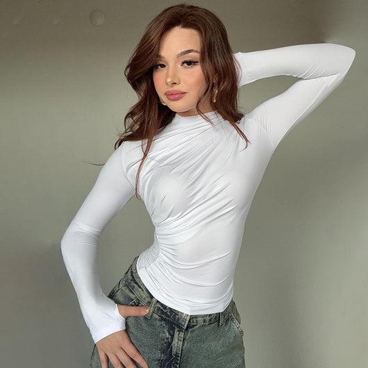 Blusa Cuello Alto Plisada Ajustada para Otoño e Invierno - Image 35