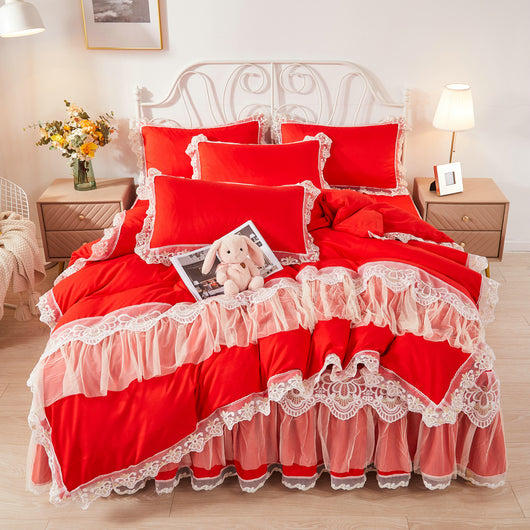 Juego de Cama Princesa Coreana con Falda de Encaje y Edredón de 4 Piezas - Image 6