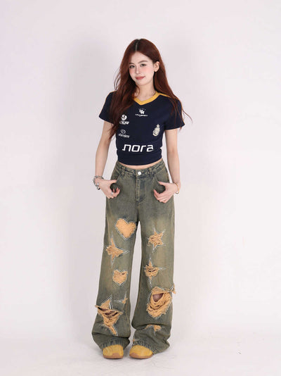 Pantalones Vaqueros Anchos Vintage Desgastados Love - Image 9