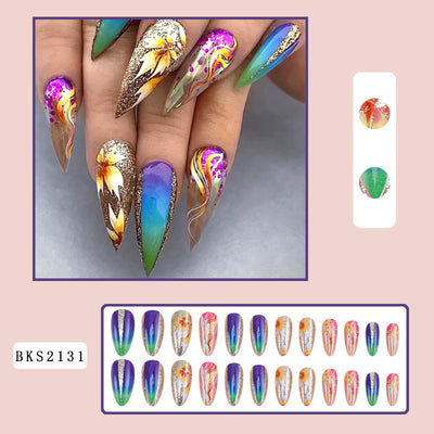 Pegatinas de Uñas Arcoíris Forma Almendra con Líneas Coloridas - Image 5