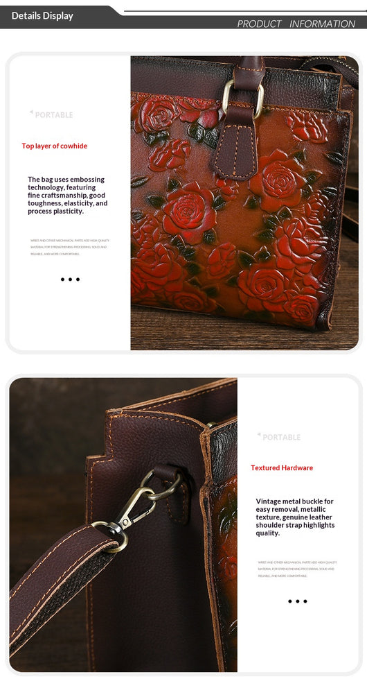 Bolso de Hombro para Mujer en Cuero Genuino con Patrón Grabado Versátil - Image 9