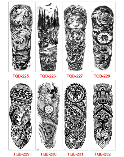 Full arm temporary tattoo sticker with a black, red, and light blue tribal design, featuring abstract shapes and patterns. - Image 51