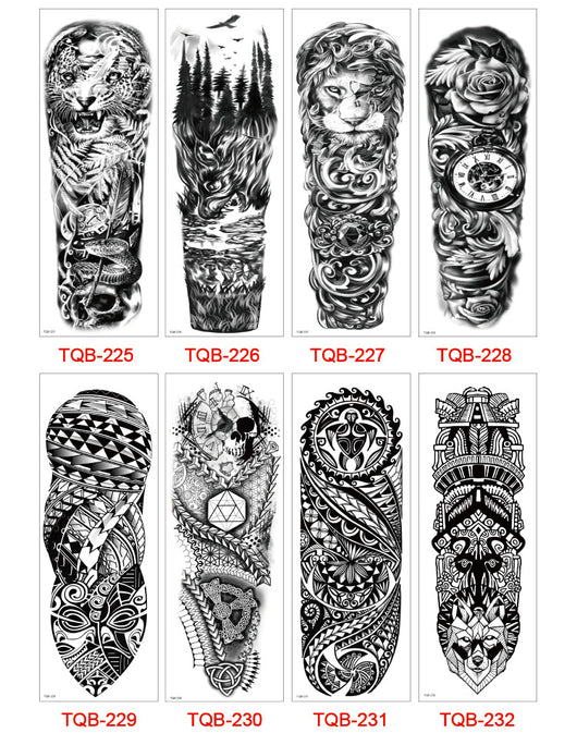 Full arm temporary tattoo sticker with a black, red, and light blue tribal design, featuring abstract shapes and patterns. - Image 51