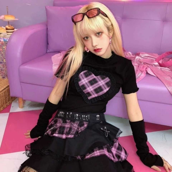 Falda Punk Harajuku con Encaje y Detalles Acolchados para Mujer