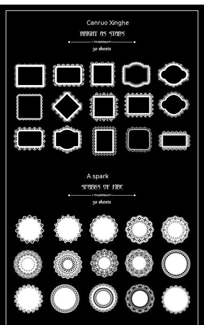 Set of 15 white lace-patterned circular stickers with intricate designs, labeled "North Star Arch" and "30 sheets." - Image 14