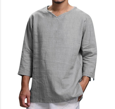 Camisa Holgada de Algodón y Lino con Cuello V - Manga Larga para Hombre - Image 4