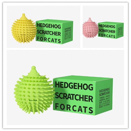 Lime green hedgehog-shaped cat toy with soft spikes, next to its matching green packaging box. - Image 6