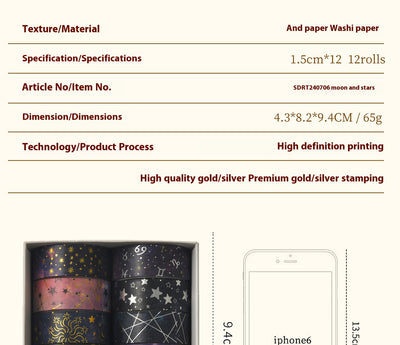 Set of six 1.5cm wide decorative tapes featuring starry sky, zodiac signs, moon phases, constellations, and planets. - Image 20