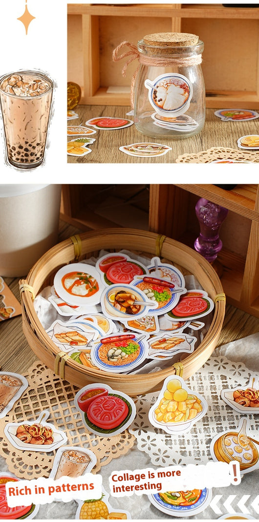 Box-packed set of 46 retro-style night market snack stickers, featuring illustrations of various foods and drinks. - Image 9